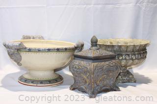 Two Lovely Planters & Decorative Footed Decorative Lidded Box