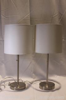 Pair of Modern Silver Toned Stick Table Lamps with Shades