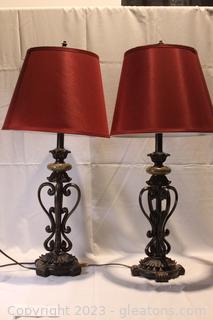 Pair of Beautiful Metal Scroll Design Table Lamps with Red Shades