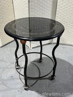 Round Metal End Table with Inlaid Design