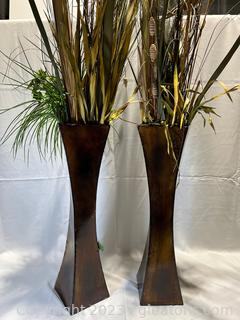 Pair of Tall Square Lacquered Planters with Faux Greenery