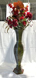 Embossed Metal Vase/Planter with Faux Flowers