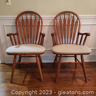 Pair of Mid-Century Solid Oak Dining Room Captain’s Chairs with Upholstered Seats