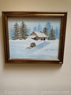 Nice Framed Oil Painting of a House in the Woods w/Snow by C. Kendrick