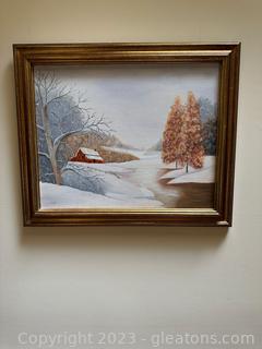 Pretty Framed Oil Painting of a winter Scene w/Barn, Lake & Trees by Clara K