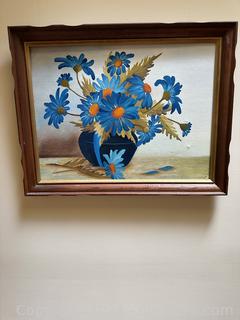 Beautiful Framed Oil Painting of a Blue Vase full of Blue & Orange Flowers Signed by Clara K.