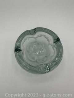 Hand Blown Clear Ashtray with White Floral Center