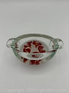 Vintage Hand Blown Art Glass Ashtray with Red flowers Controlled Bubbles