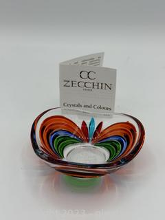 Small Red Blue & Green Glass Dish Marked CC Zecchin Hand Decorated Venice