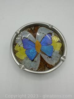 Iridescent Blue Morpho Butterfly Aluminum Vintage Metal Ashtray