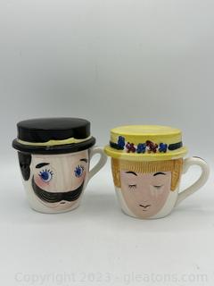 Vintage Mom and Pop Coffee Mug Set Covers-Ashtray Hats 1930s