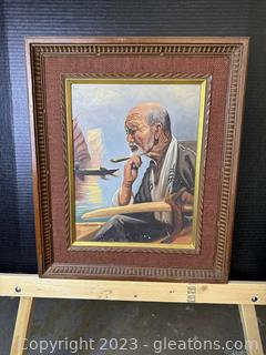 Framed Oil Painting by Fukaya of Pensive Japanese Man 