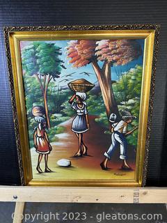 Vibrant Framed & Signed Oil Painting of a Woman Carrying a Basket on her Head 