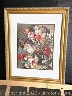 Beautiful Framed & Matted Floral Print w/Gold Frame 