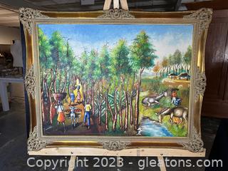 Dramatic Framed and Signed Oil Painting of Haitian Villagers at Work