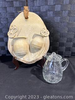 Darling Handmade Pottery Wall Hanging Plus Glass Pitcher (Lot of 2) 