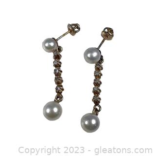 14kt Yellow Gold Pearl & Diamond Drop Earrings