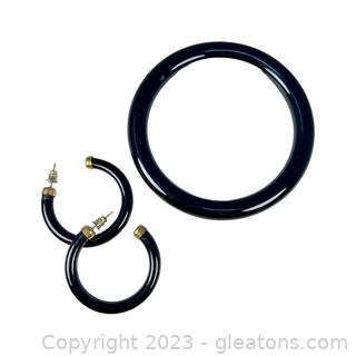 Onyx Bangle Bracelet with Black Glass Hoop Earrings