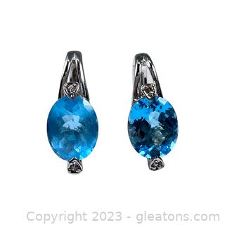 14kt White Gold Swiss Blue Topaz & Diamond Drop Earrings