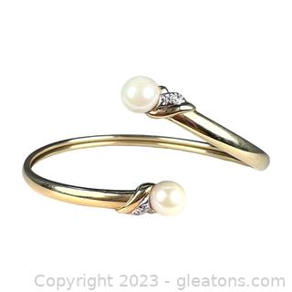14kt Yellow Gold Pearl and Diamond Bypass Cuff Bracelet