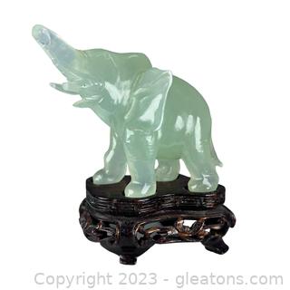 Light Green Jade Carved Elephant with Stand