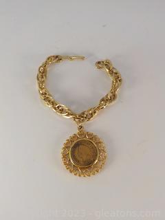 Gold Tone Vintage 1898 Indian Head Penny Pendant on a Bracelet 