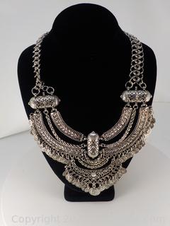 Boho-Style , Silver Tone, Elaborate, Bib Necklace with Silver Coins 