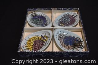 Boxed Royal Copenhagen Set of Four Beth Breyen “Crazy Bird” Oyster Plates 