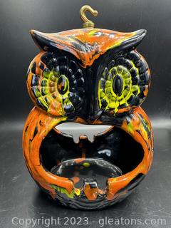 Retro “California Original” One of a Kind Ceramic Owl Ashtray with Lava Drip Glaze 