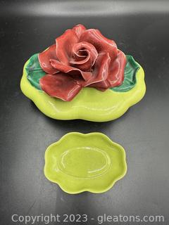 MCM Trinket Box w/Red Rose on Top & Trinket Dish inside 