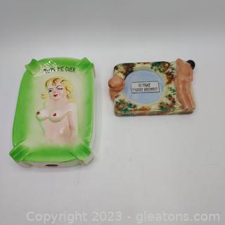 Pair of Vintage Novelty Ashtrays Featuring Nudes 