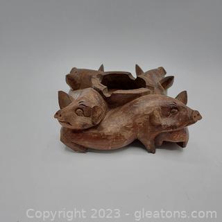 Hand Carved Hardwood Ashtray with 4 Pig Heads