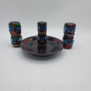 Super Rare Indigenous Totem Pole Salt and Pepper Shakers with Matching Ashtray Valued at $125+