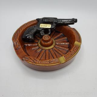 Ceramic Gun on Wagon Wheel Ashtray-Souvenir of San Antonio, TX