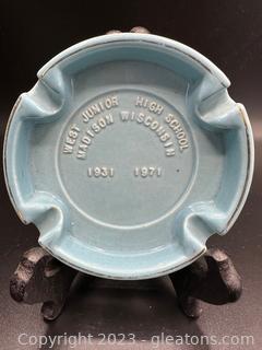Vintage Light Blue Ceramic Ashtray Embossed w/West Junior High School Madison Wisconsin (Lot of 1)