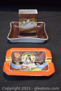 Japanese Goddess Porcelain Ash Tray - Post War Match Box Holder 