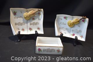 Cigarette & Ash Plate and Cigarette Box (Looks like a Book) Plate Musical Notes and Violin 