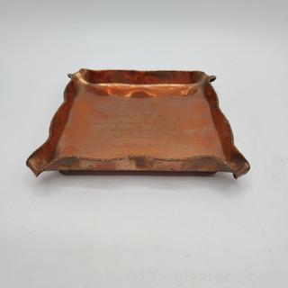 Copper Wedding Invitation Ashtray- Plate was Converted to Ashtray so the Writing is Backwards