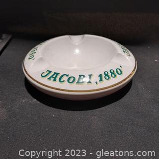 Jacob, 1880, Round Cigar Ashtray- White , Green, Lettering, Gold Trim 