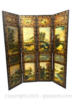 Beautiful 4-Panel Wooden Room Divider with Stunning European Scenes