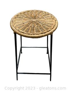 Small Black Wrought Iron Stool with Wicker Seat