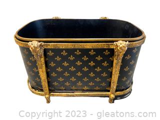 Unique Planter with Fleur de Lis Pattern and gilding in a Beautiful Gold Wrought Iron Stand