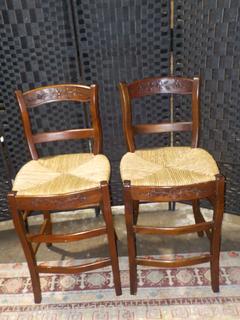 Pair of Cherry Wooden Bar Stools with Rush Seats