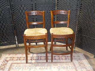 Pair of Cherry Wooden Bar Stools with Rush Seats