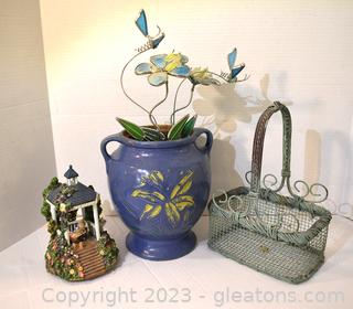 Old Pottery Vase with Stain Glass Flowers & Bees - Musical Gazebo - Wire Basket 