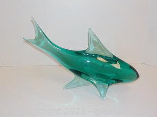 Large Crystal Mouth Blown Fish from the Czech Republic, Teal Art Glass