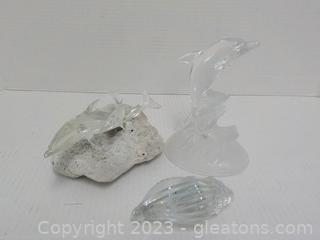 Group of Dolphin/Sea Decor (3 pc) Featuring Pair of Dolphins on a Coral/Rock Piece
