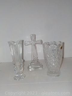 Trio of Clear Glass and Lead Crystal Pieces: 2 Vases, 1 Cross