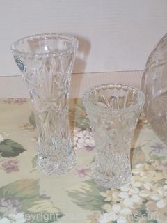 Brilliant Lead Crystal 3-Pc. Decor Group: A Crystal Rose Bowl and 2 Lenox Bud Vases