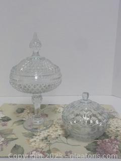 Two Lidded Clear Glass Candy Dishes: Vintage on Pedestal and Other is Sawtooth